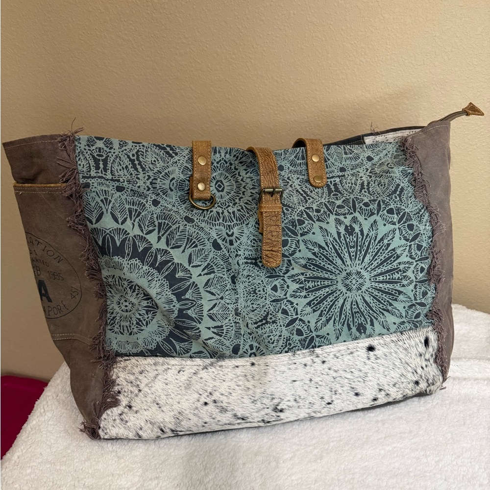 Myra Bag Teal and Brown Travel Tote with White Pattern